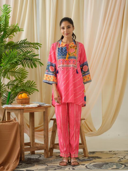 Indo Era 2398 Silk Embroidered Shirt Collar Top And Trousers