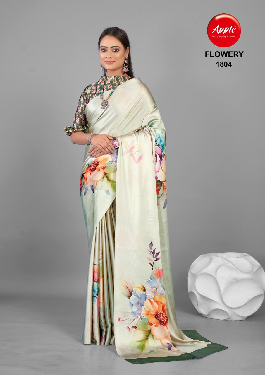 Apple Flowery 18 Satin Silk Printed Saree Collection