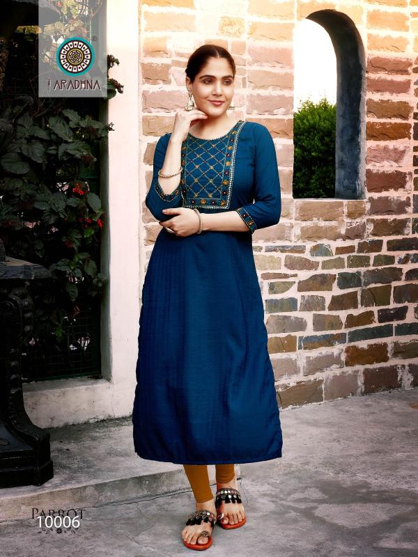 Aradhna Parrot Vol 10 Embroidery Work Long Kurti Collection