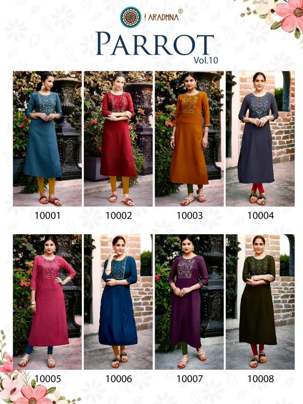 Aradhna Parrot Vol 10 Embroidery Work Long Kurti Collection