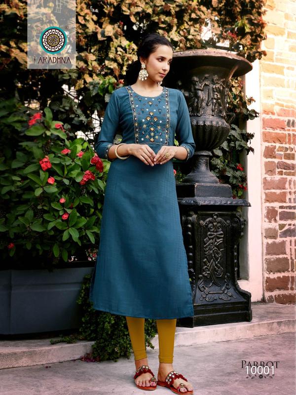 Aradhna Parrot Vol 10 Embroidery Work Long Kurti Collection