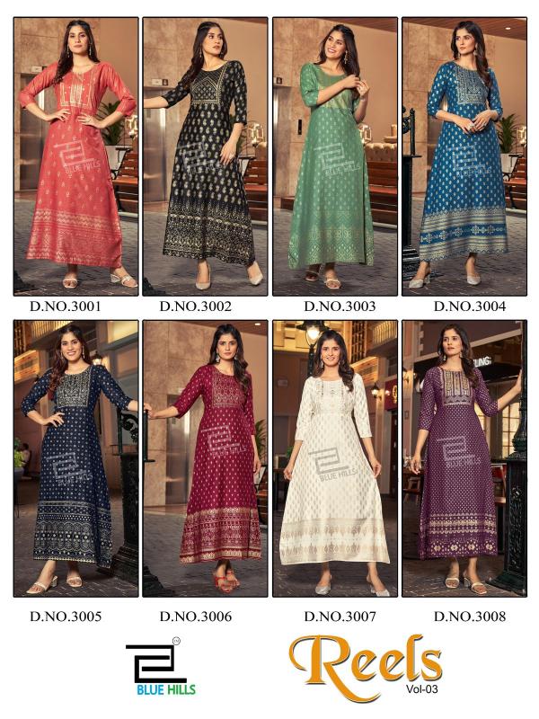 Blue Hills Reels Vol 03 Rayon Foil Printed Long Kurti Collection