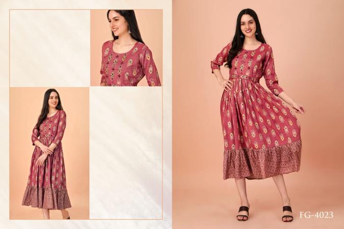 Fg Violet Casual Wear Rayon Long Kurti Collection