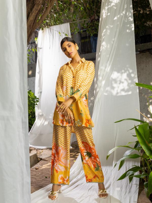 Indo Era 2398 Silk Embroidered Shirt Collar Top And Trousers