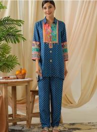 Indo Era 2398 Silk Embroidered Shirt Collar Top And Trousers