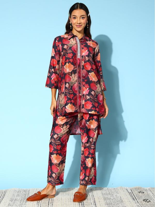 Indo Era 2398 Silk Embroidered Shirt Collar Top And Trousers