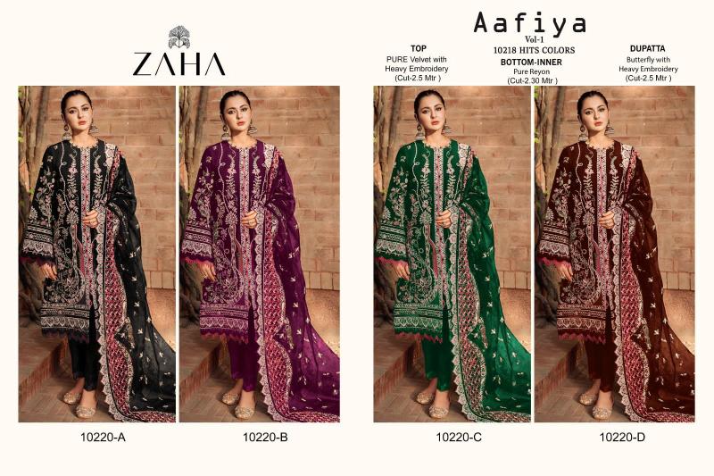 Zaha Aafiya Vol 10220 A To D Velvel Pakistani Salwar Suits Collection