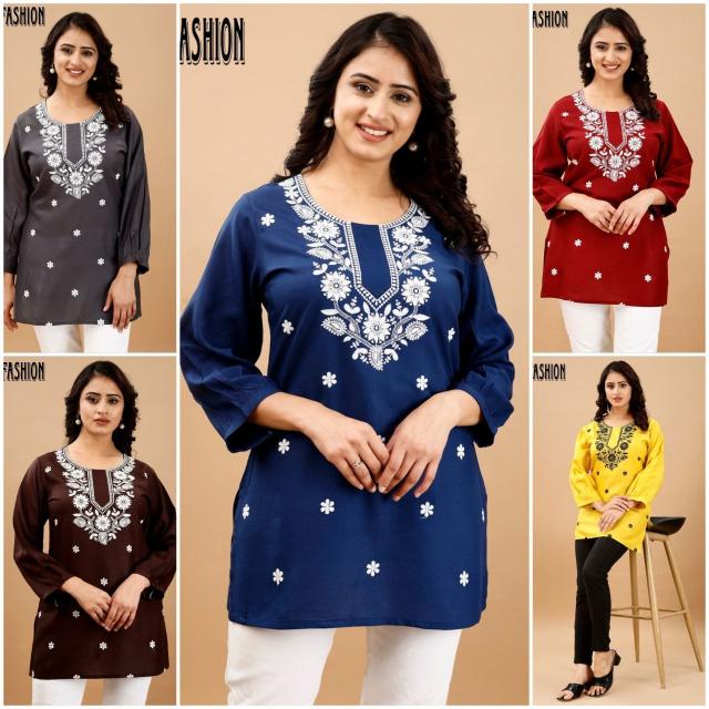 9Star Riddhi Designer Rayon Embroidery Short Kurti Collection