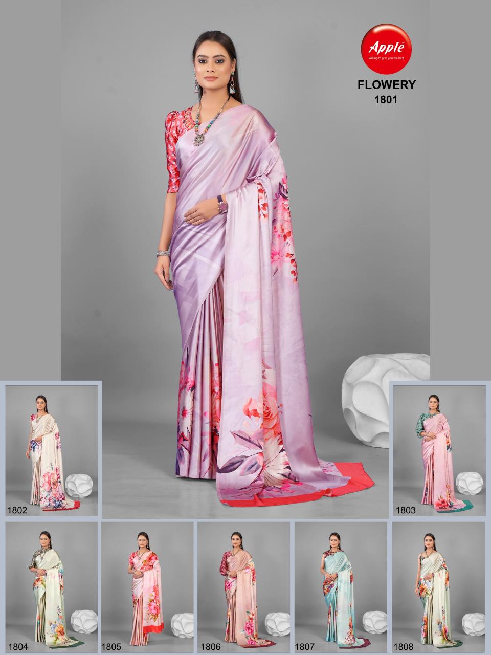 Apple Flowery 18 Satin Silk Printed Saree Collection