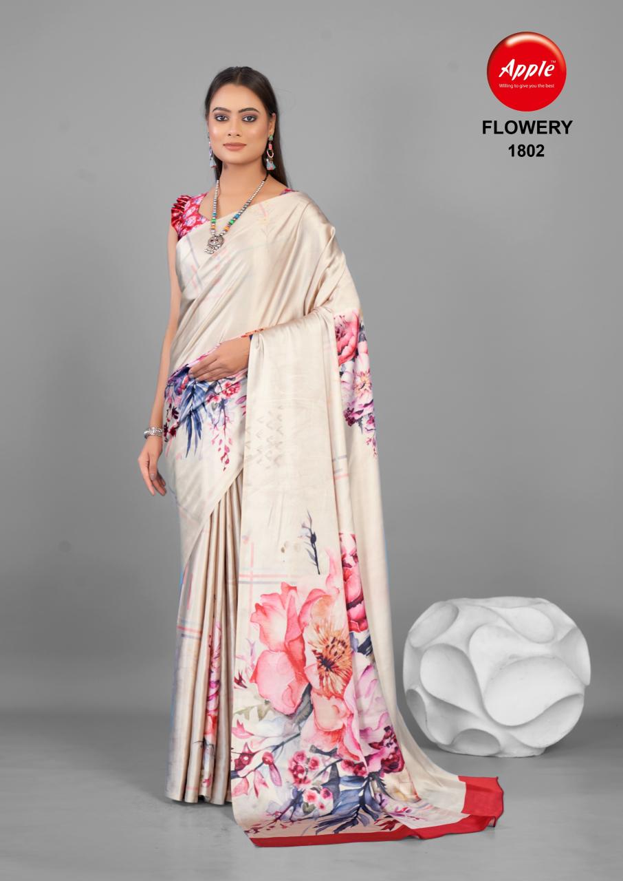 Apple Flowery 18 Satin Silk Printed Saree Collection