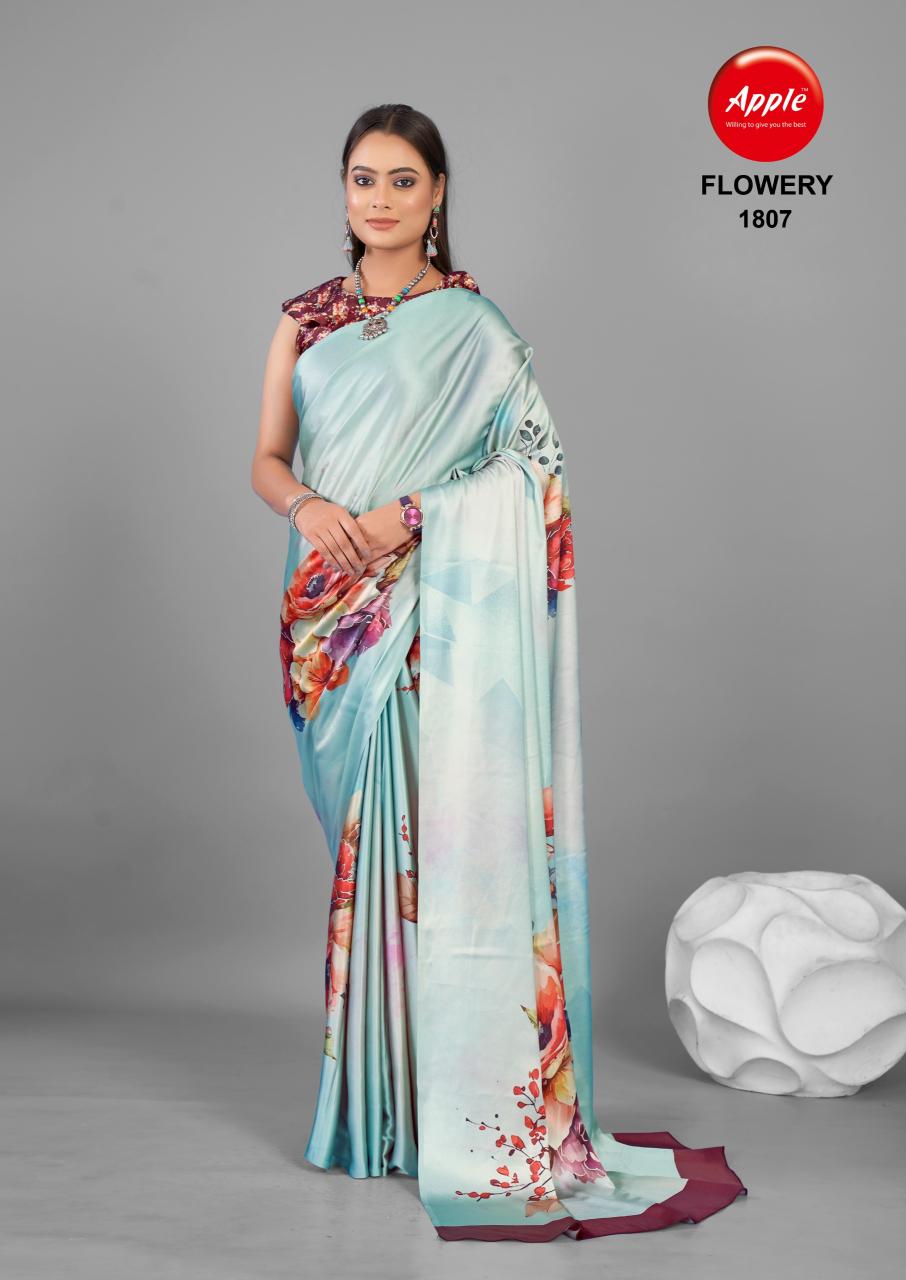 Apple Flowery 18 Satin Silk Printed Saree Collection