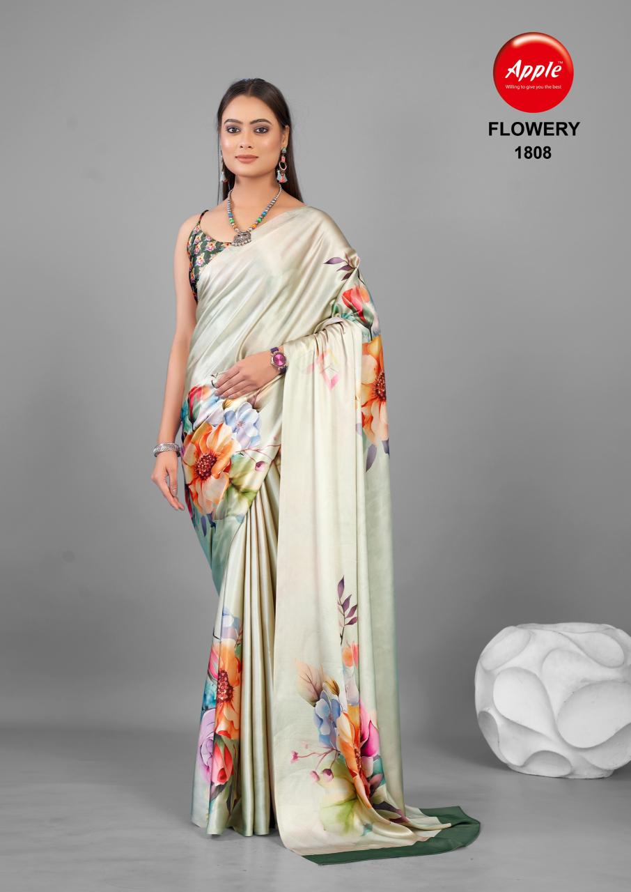 Apple Flowery 18 Satin Silk Printed Saree Collection