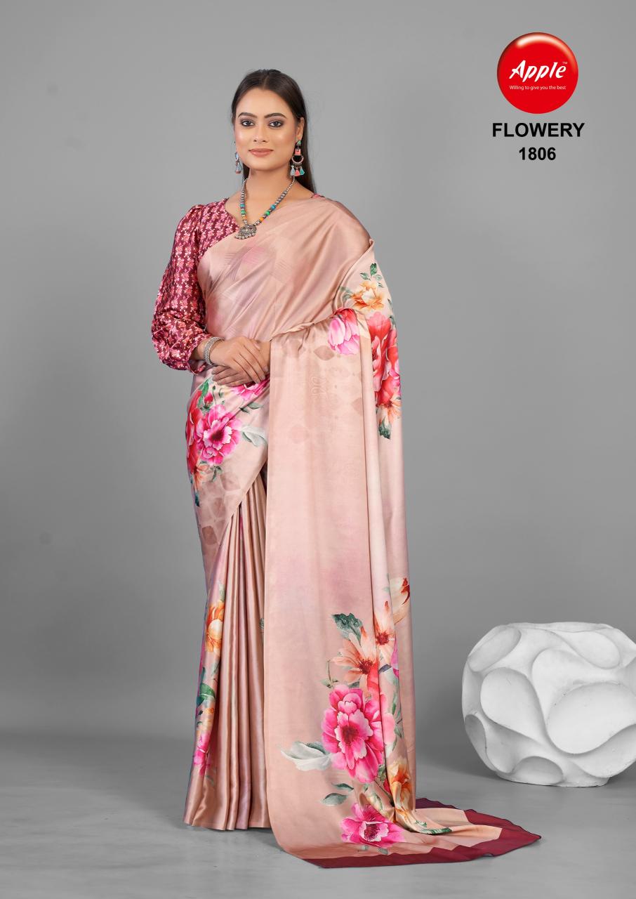 Apple Flowery 18 Satin Silk Printed Saree Collection