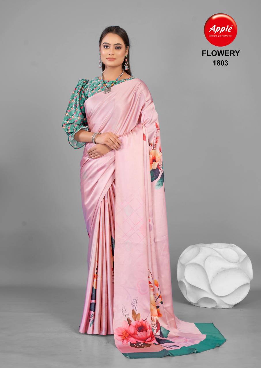 Apple Flowery 18 Satin Silk Printed Saree Collection