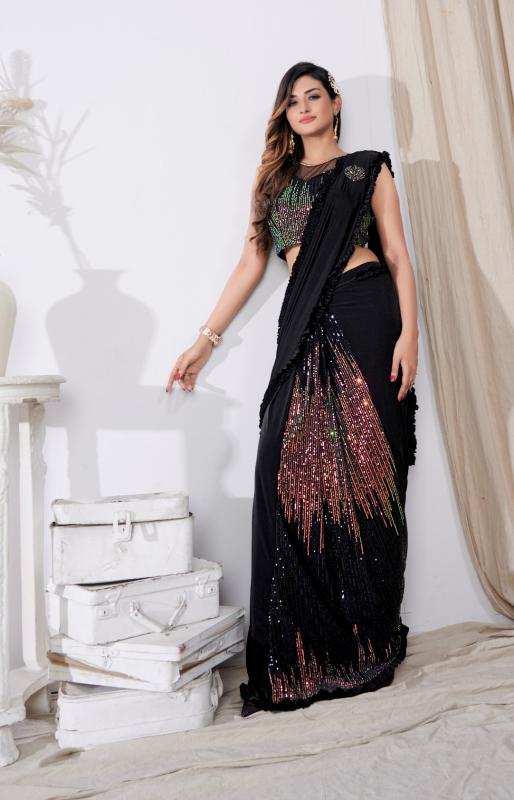 Satrangi 109 IMPORTED(LYCRA)  FABRIC WITH PLAIT IN SEQUIN WORK WITH ON PALLU BROOCH +LITTLE FRILL