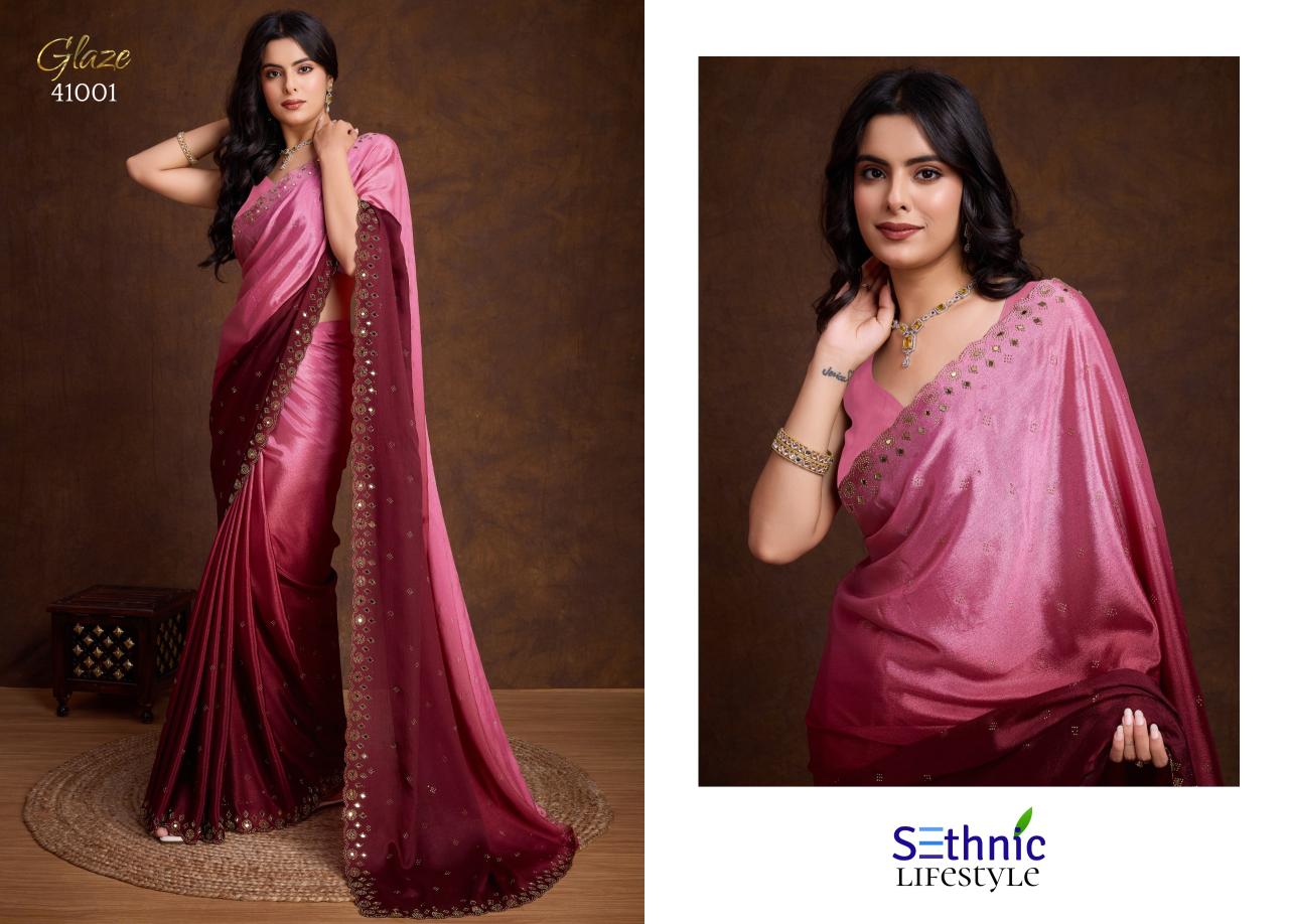 Sethnic Glaze Fancy Two Tone Shaded Chinnon Saree