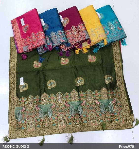 NC_ZUDIO 3 DOLA SILK SAREE WITH SHIROSKI WORK SET OF 6 PCS