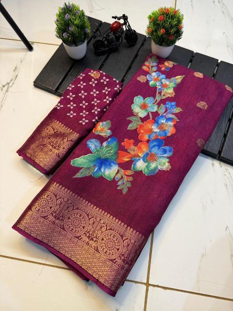 Party Wear Digital Printed Dhola Silk Saree with Jacquard Border